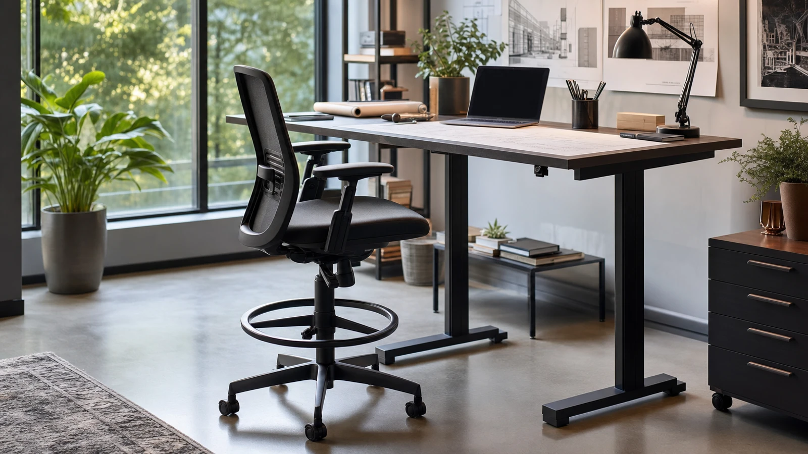 office drafting chair in a high-desk workspace