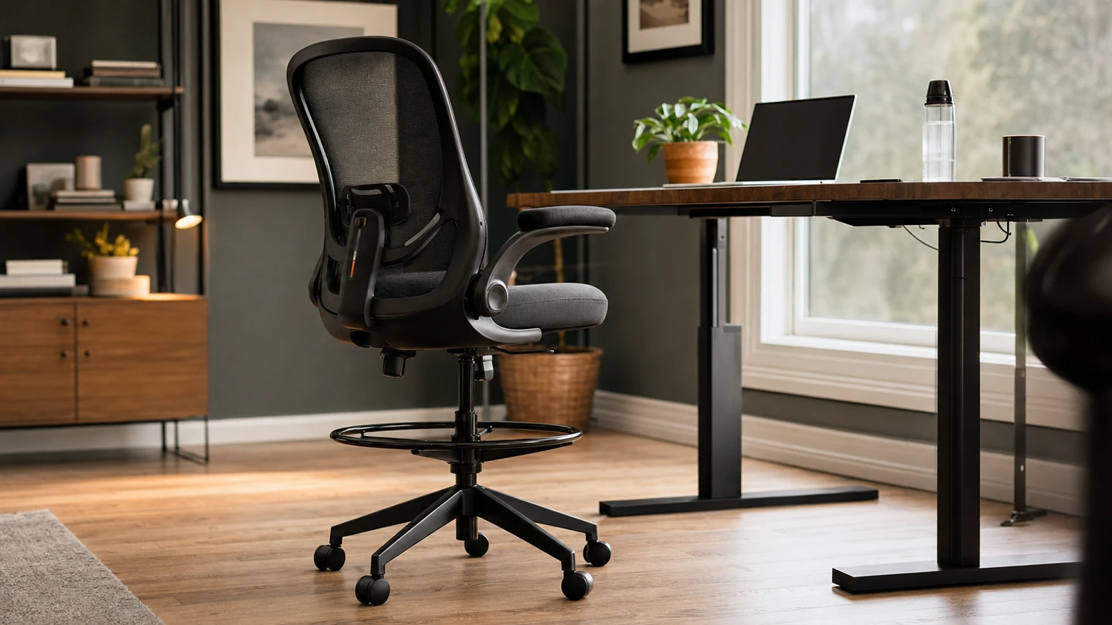 office drafting chair in a high-desk workspace